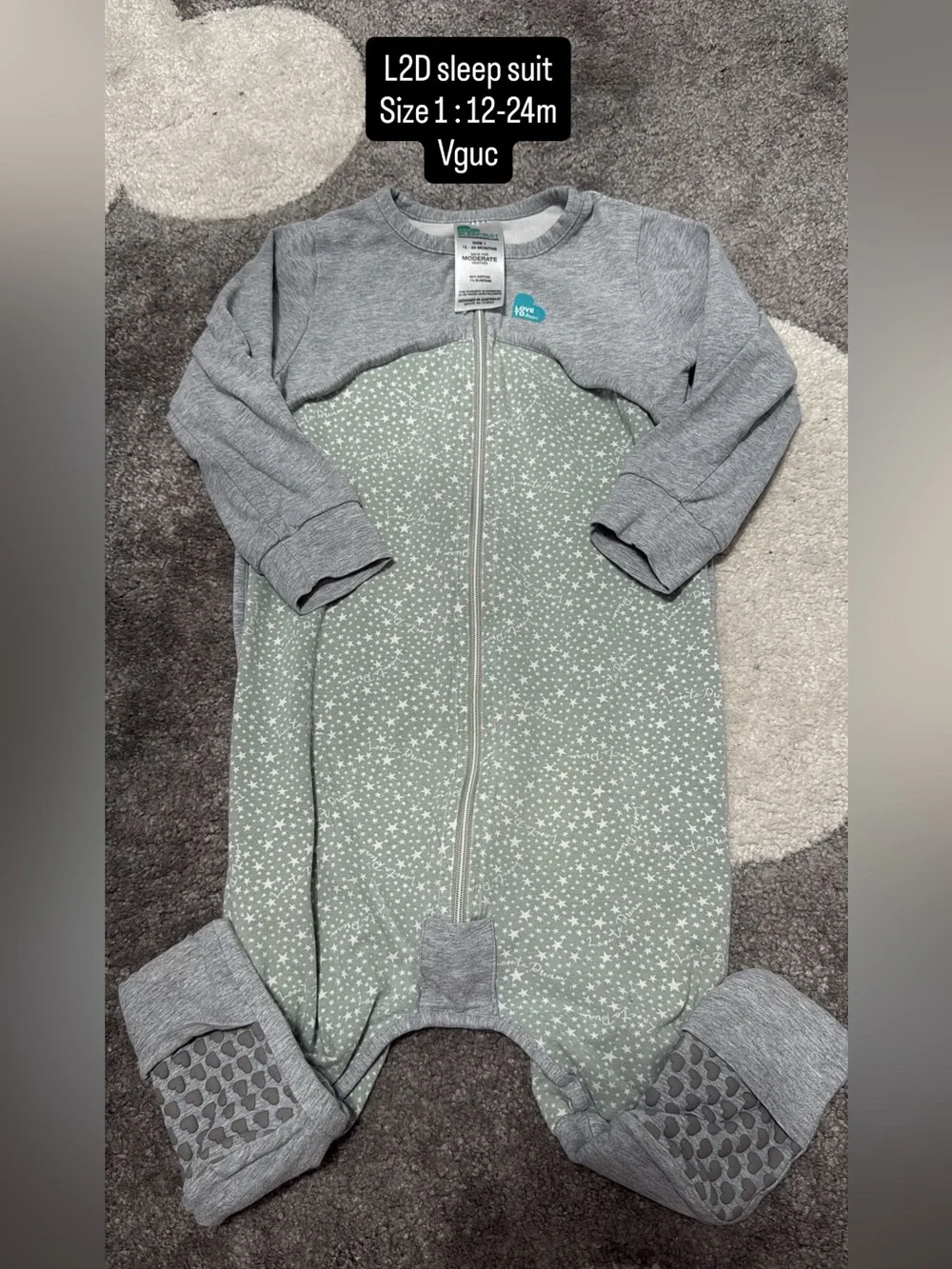Love to dream Grey & Sage Star Zip-Up Sleep Suit